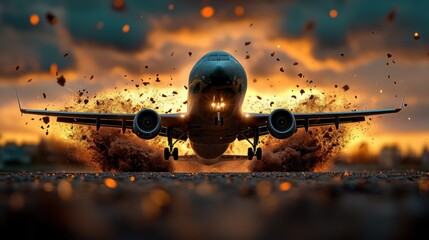 Dramatic airplane landing, dust explosion, sunset background, airport tarmac, for disaster or emergency concepts