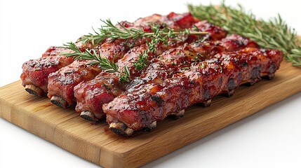 Glazed Pork Ribs on Wooden Cutting Board on white background 