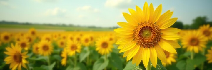 A close-up shot of a bright yellow Giant Sunflower blooming in a field,  agricultural,  sunny