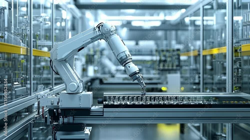 Poster advanced robotic arm precisely assembling components in a high tech laboratory setting, showcasing a