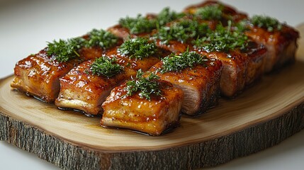 Glazed pork ribs with a glossy, golden-brown crust, garnished with fresh herbs, resting on a rustic wooden board, vibrant contrast against the white backdrop.  
