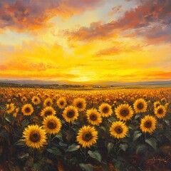 Golden field of sunflowers glowing under the warm light of a vibrant sunset