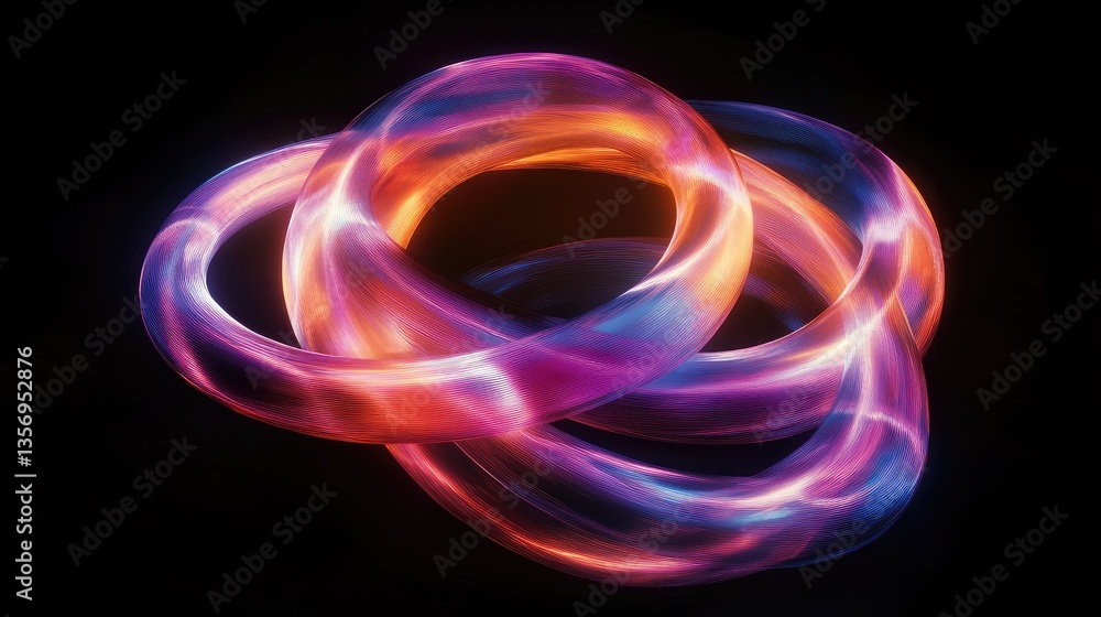 Poster abstract digital art of vibrant glowing loops with smooth gradients in a dark background for modern 
