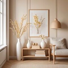 Beige Living Room Interior with Dried Flowers and Modern Furniture