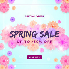 Elegant Spring Sale Promotion Banner Featuring Vibrant Flowers and Discount Offer