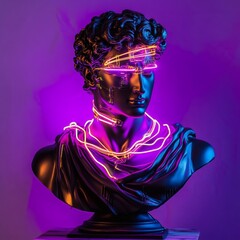 Bold cyberpunk-inspired apollo bust sculpture with neon light highlights picture
