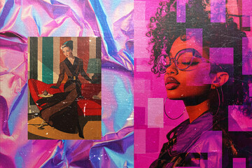 Obraz premium Vibrant Collage: Elegant Woman in Vintage Attire on Couch with Soft Curls & Glasses, Stylish African American Woman in Modern Streetwear