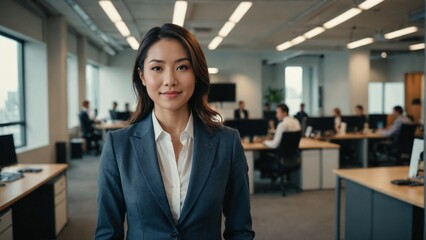 Fototapeta premium Confident Japanese businesswoman in a stylish dark suit standing in a modern, bright office environment, portraying leadership and professional success
