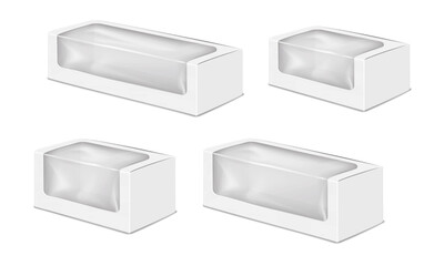 White blank clamshell paper box with clear plastic window. Realistic 3d vector mock-up set. Cardboard box with transparent lid. Mockup kit. Takeout food paperboard container package. Template