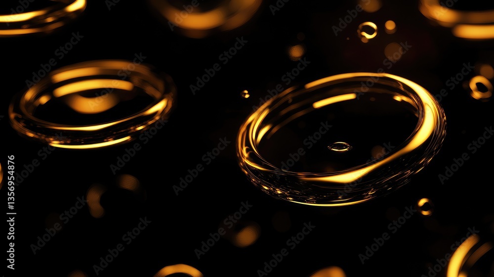 Poster close-up of golden water bubbles floating in a dark space, creating a mesmerizing visual of liquid t