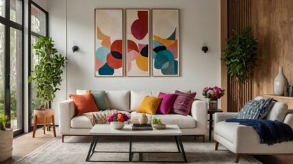 A bright, modern living room with a cozy white sofa adorned with colorful pillows, decorative art, and green plants.
