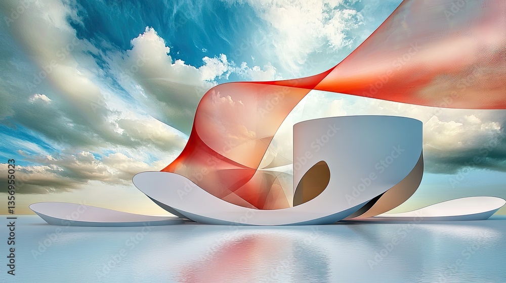Poster abstract architectural designs hidden in swirling red smoke and soft curved clouds, creating depth.
