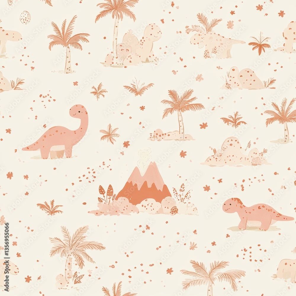 Aufkleber cute and friendly dinosaurs play among palm trees and volcanoes in warm pastel colors, creating a wh