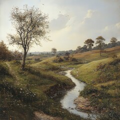 Serene Landscape with Trees and Flowing Stream in Countryside Setting