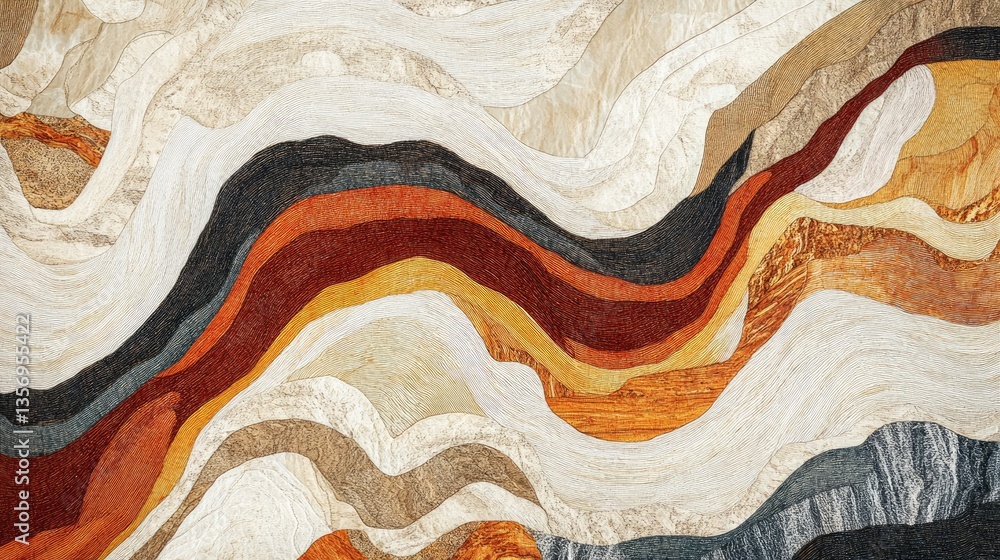 Poster abstract textile design with waves of earthy tones and fluid patterns in rich textures and colors