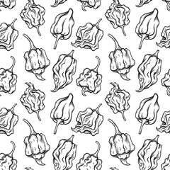 Seamless pattern with hand-drawn illustrations of extra spicy peppers like Carolina Reaper and Trinidad Scorpion. Ideal for spicy food branding, packaging, and textiles.