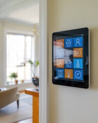 Smart home control panel displays temperature, lighting, and security options in a modern living space