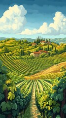Scenic Vineyard Landscape Under Bright Cloudy Sky in Tuscany