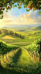 Naklejka premium Scenic Vineyard Landscape with Lush Green Hills and Blue Sky