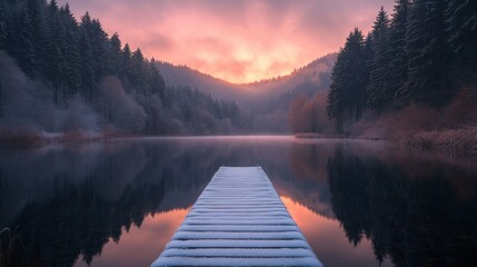Winter sunrise over a tranquil lake, snow-covered wooden pier