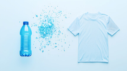 Recycling process of turning plastic bottles into fabric, showing a plastic bottle, crushed material, and a finished t-shirt.