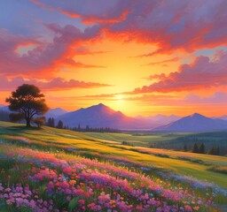 Illustration of spring landscape with field and flowers.