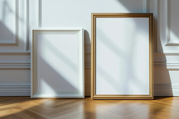 Blank wooden and white frames leaning against a light-colored wall. Great for art mockups and interior design