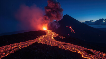 Fototapeta premium Majestic volcano eruption with flowing lava and smoke at twilight