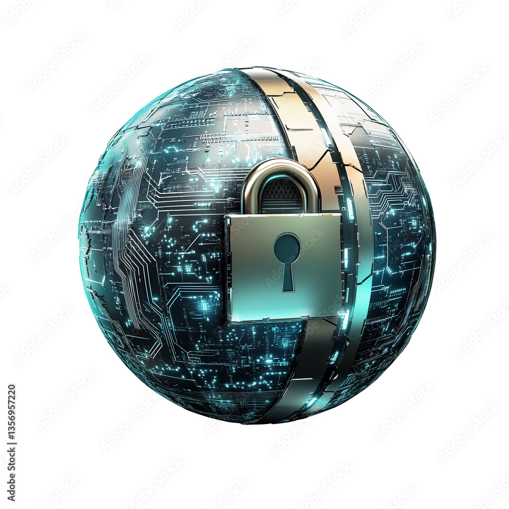 Poster pad lock cybersecurity sphere with circuit patterns: a futuristic globe representing data protection