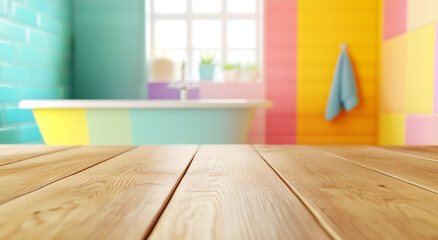 A wooden table for product placement, a colorful bathroom in the background with a bathtub, tiles in cheerful pastel colors