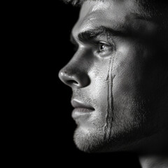 close up of man profile, showcasing tear running down his cheek, highlighting emotion