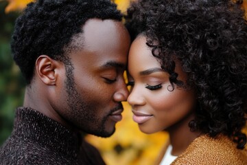 Obraz premium Close-up african american couple sharing a tender moment showcasing love and intimacy outdoors