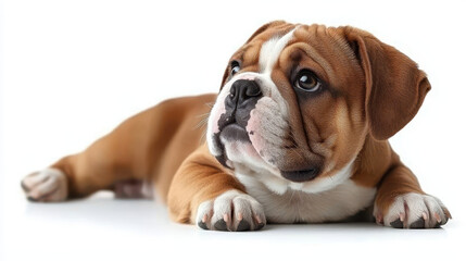 Obraz premium a cute bulldog puppy lying down, looking alert and curious. The puppy has a brown and white coat, with adorable facial expressions and a playful vibe.