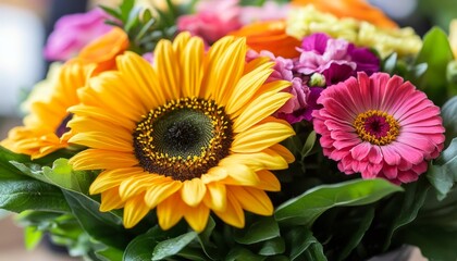Fototapeta premium Vibrant Summer Bouquet Close-Up of Colorful Sunflowers, Zinnias, and Petunias in Bloom
