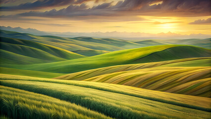 Obraz premium Rolling Green Hills at Sunset with Lush Fields