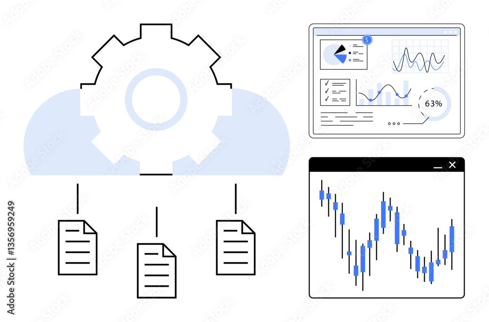 Aufkleber gear with cloud, documents connected below, analytics dashboard with graphs, and stock market candle