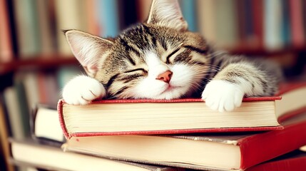 Kitten napping peacefully on a stack of books in a library.
