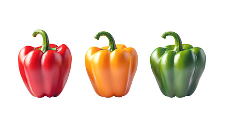 3 hot peppers including a red chili pepper a green chili pepper a yellow chili pepper isolated on transparent white background, clipping path, pen tool.