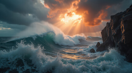 Majestic ocean waves crash against rocky cliffs dramatic sunset. scene captures beauty and power of nature, with sunlight breaking through clouds