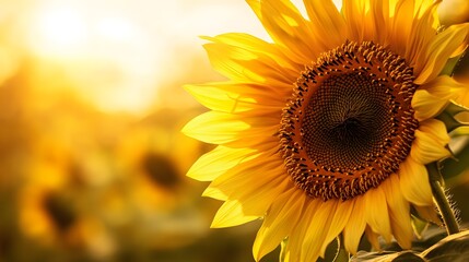 Fototapeta premium Close-up view of sunflower in a blooming field during sunset.