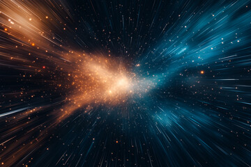 Fototapeta premium Orange and blue light explosion in deep space with radiant star particles and motion blur, abstract cosmic energy burst and sci-fi background of galaxy collision