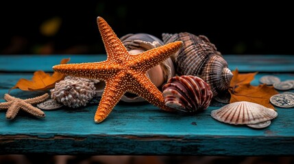 Autumn seashells and starfish on teal wooden surface with fall leaves