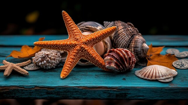 Autumn seashells and starfish on teal wooden surface with fall leaves