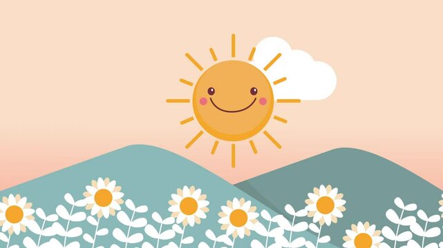 Cheerful cute spring video with mountain, blossom flowers, and sun