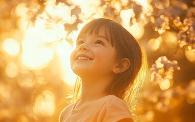 Fototapeta premium A happy little girl smiling and looking up at the sky, a portrait with sunlight filtering through the trees, a blurred background, depth of field, high-resolution photography, hyper-realistic,