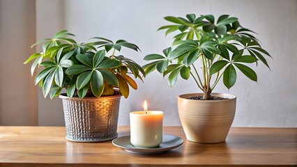 table with potted schefflera and scented candle