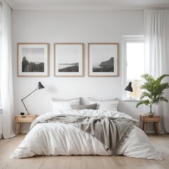 Cozy Minimalist Bedroom Interior with Coastal Artwork