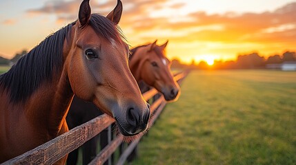 Obraz premium Horses in a lineup, their heads overlapping as they lean over a fence to greet each other, the serene field behind them glowing under golden hour light. 