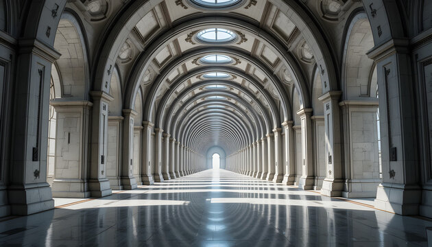 A futuristic yet classical corridor lined with a series of domed arches, extending infinitely.