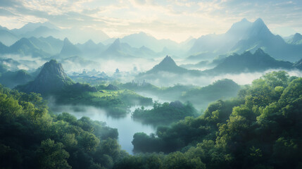 mountain landscape with fog
